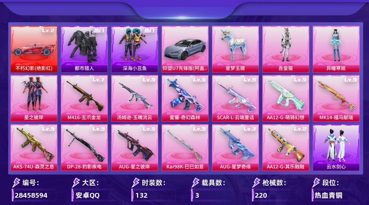 [28458594]安卓手Q-历史最高段位：卓越王牌20星-3粉装-12特效枪-3载具-5粉色飞行器-66421热力值-10王牌印记-132套装-220枪皮
【红色载具等级】：不朽幻影（绝影红）(二级)
【热门品类】：套装-浪漫天命，套装-都市猎人，套装-深海小丑鱼，套装-小丑鱼，套装-龟仙人，套装-暗影哥特，角色-Mark.06
【粉色套装】：粉装-星之彼岸，角色-异瞳寒姬，角色-吾皇猫
【粉色枪皮等级】：SCAR-L-云端童话(五级)，M416-五爪金龙(七级)，AUG-星之彼岸(五级)，AUG-星梦奇缘(三级)，蜜獾-奇幻森林(五级)，汤姆逊-玉魄流云(五级)，AKS-74U-森灵之息(五级)，Kar98K-巳巳如意(五级)，Mk14-福马献瑞(五级)，AA12-G-萌骑幻想(五级)，AA12-G-其乐融融(二级)，DP-28-豹影疾电(五级)
【粉色载具】：不朽幻影（绝影红），仰望U7（阿盖尔紫），星梦玉骢
【粉色枪皮】：SCAR-L-云端童话，M416-五爪金龙，AUG-星之彼岸，AUG-星梦奇缘，蜜獾-奇幻森林，汤姆逊-玉魄流云，AKS-74U-森灵之息，Kar98K-巳巳如意，Mk14-福马献瑞，AA12-G-萌骑幻想，AA12-G-其乐融融，DP-28-豹影疾电
【粉色飞行器】：香车宝马飞行器，炫彩糖果飞行器，星之彼岸飞行器，极意拳锋飞行器
【粉色降落伞】：灰烬之翎降落伞，幻影战神降落伞，星之彼岸降落伞，齐天大圣降落伞，千面幻镜降落伞，精灵梦叶罗丽降落伞，星梦奇缘降落伞，无垠阁降落伞，喜羊羊与灰太狼降落伞，魔童闹海 敖丙降落伞，炫彩糖果降落伞，罪夜之冕降落伞
【稀有套装】：套装-龟仙人，套装-巳巳如意，套装-炫彩糖果，套装-马上有钱，套装-迅捷龙虾，套装-遗迹猎人，套装-其乐融融，套装-恋语绒绒，套装-晴夏甜甜，套装-绝刃双刀，套装-荒原烈焰，套装-云水剑心，套装-破界重生，套装-冰河战士，套装-香桃花海，套装-雏菊兔兔，套装-萝兰蝴蝶，套装-小熊娃娃，套装-燕燕于飞，套装-鱼渊荷华，套装-朱霞炽焰，套装-凌霄紫焰，套装-擎苍青焰，角色-紫俏灵猫，套装-书海巡游，套装-画境星梦，套装-琴音绮想，套装-雨过天青，套装-红釉青花，套装-锦灰蝶梦，套装-燕雀桃枝，角色-苍鸢海境，套装-樱桃速写，套装-甜橙彩绘，角色-沐雨橙风
【稀有枪皮】：AUG-冰晶雪宝，AKM-影袭，A
