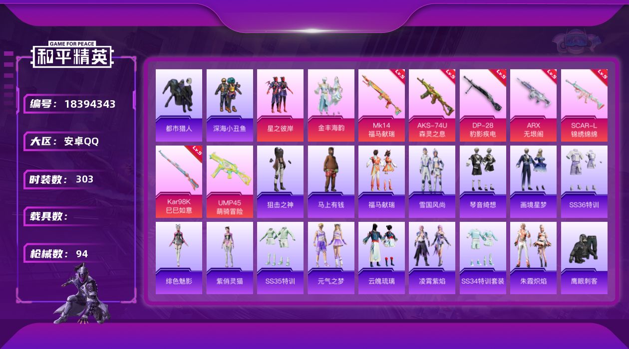 和平精英账号安卓QQ2粉装 7特效枪 可二次 可修改实名 
【热门装扮】星之彼岸,金丰海韵,迅捷狂鲨,鹰眼刺客,深海小丑