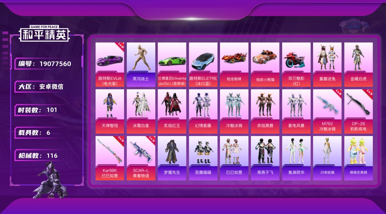 和平精英账号安卓微信[19077560]木乃伊-6级路特斯！安卓微信-9粉装-4特效枪-6载具-5粉色飞行器-49545热力值-3王牌印记-101套装-116枪皮
【红色载具】：路特斯EVIJA（电光紫）(六级)
【热门