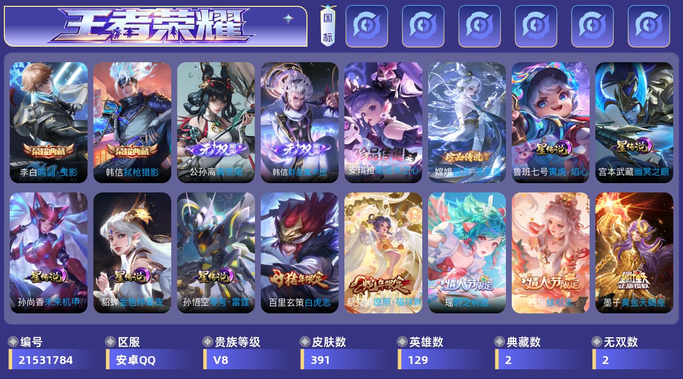 王者荣耀账号安卓QQ129英雄-391皮肤-V8-2典藏2无双2珍品传说35传说 发育路33段 打野32段 5星传说零号