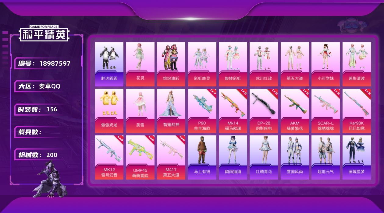 和平精英账号安卓QQ[18987597]安卓 手Q-11粉装-9特效枪-0载具-4粉色飞行器-63614热力值-11王牌印记-156套装-200枪皮
【热门品类】：粉装-缤纷油彩，套装-浪漫天命，套装-胖达圆圆，套装-龟