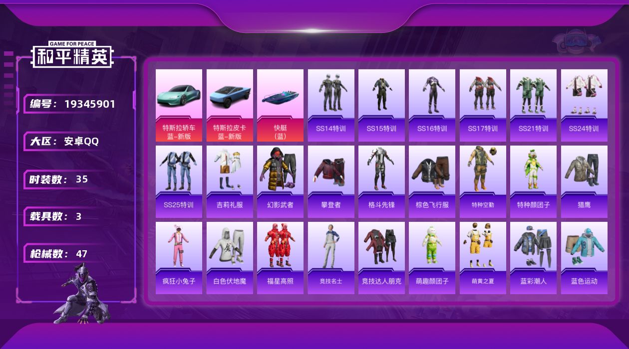 和平精英账号安卓QQ[19345901]35套装/装备45/载具3/战备49/热力值15742/特斯拉Roadster(水滴蓝)/特斯拉Cybertruck(荒芜蓝)/快艇-塞莎KL27(深潜蓝)/王牌四分卫降落伞/暗夜