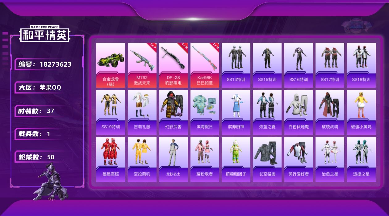 和平精英账号苹果QQ[18273623]苹果 手Q-0粉装-3特效枪-1载具-1粉色飞行器-17367热力值-11王牌印记-37套装-50枪皮【粉色枪皮等级】：M762-激战未来(七级)，Kar98K-巳巳如意(四级)，