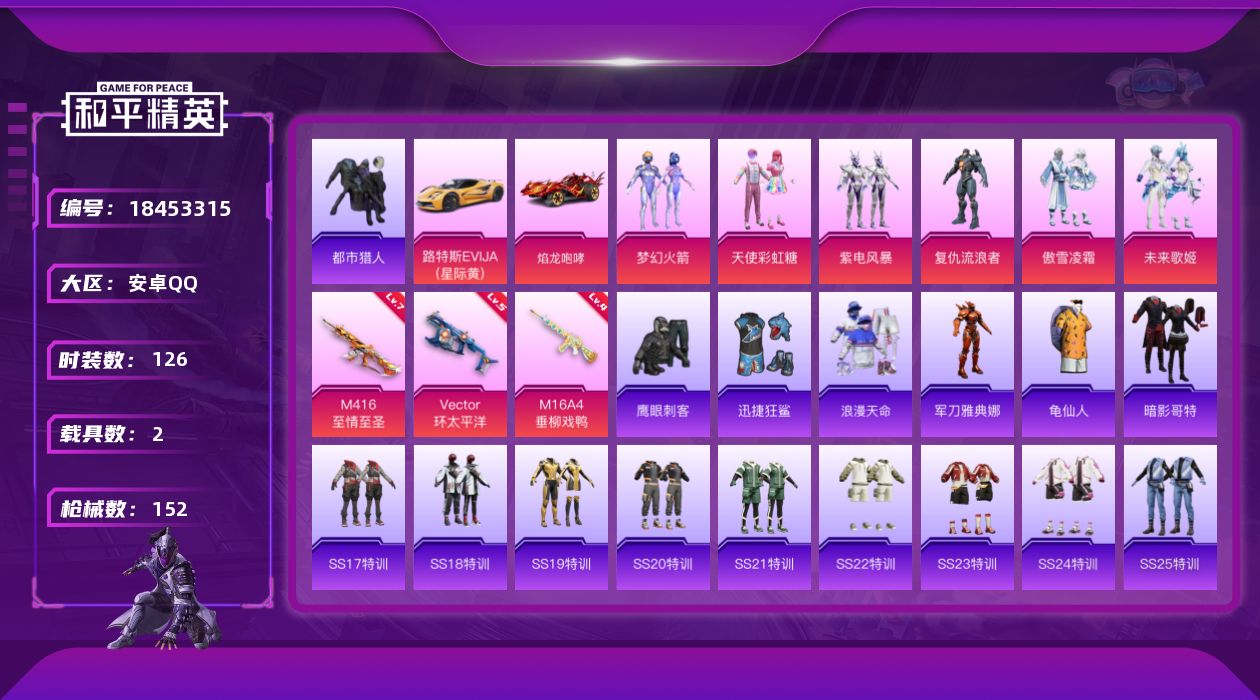 和平精英账号安卓QQ[18453315]【特价出售/店主推荐】安卓 手Q-6粉装-5特效枪-2载具-1粉色飞行器-50270热力值-9王牌印记-126套装-152枪皮【热门品类】：粉装-梦幻火箭，套装-浪漫天命，套装-都