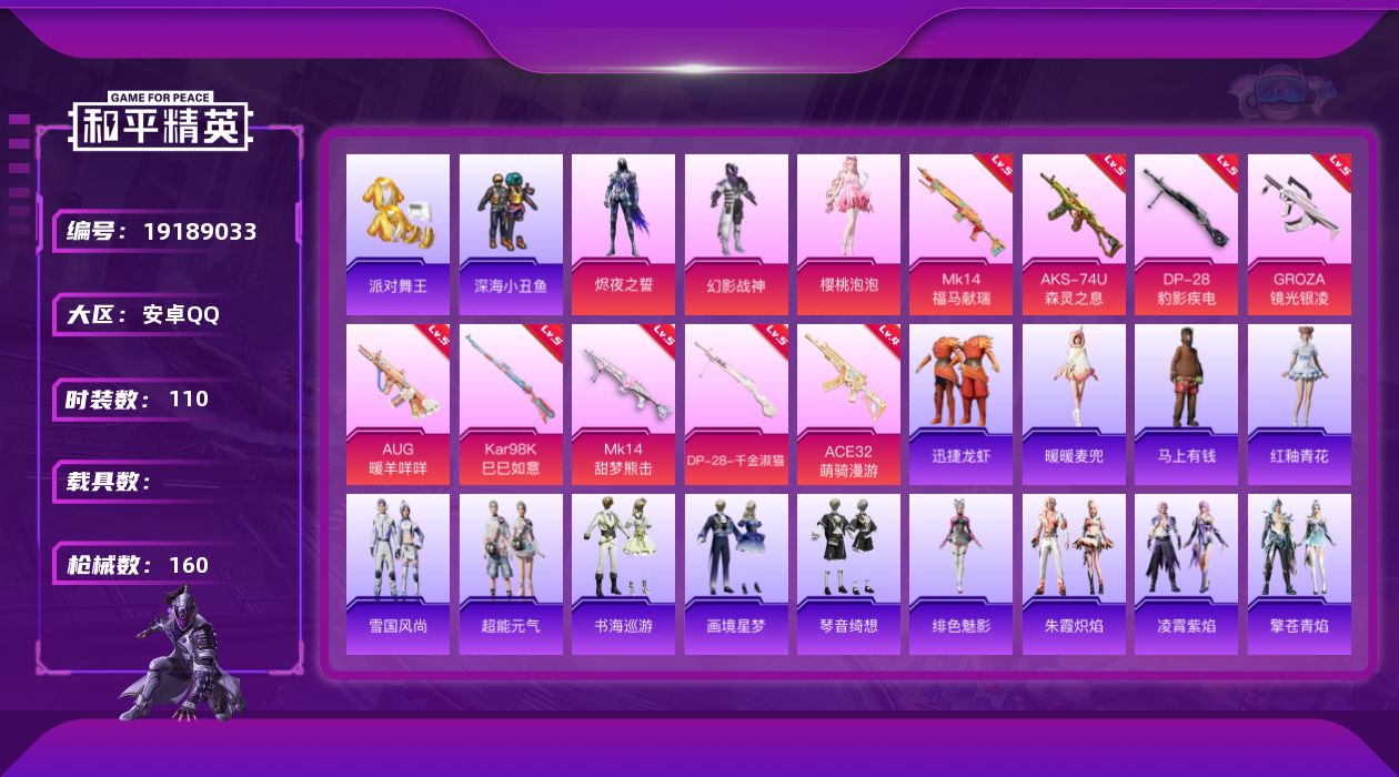 和平精英账号安卓QQ[19189033]安卓 手Q-3粉装-9特效枪-0载具-1粉色飞行器-41817热力值-6王牌印记-110套装-160枪皮
【热门品类】：套装-浪漫天命，套装-派对舞王，套装-深海小丑鱼
【粉色套装