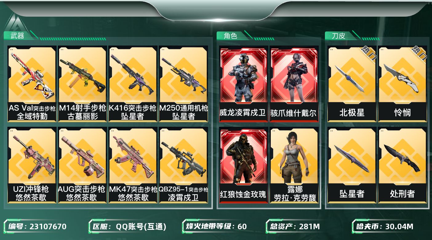 三角洲行动账号QQ【SJZEHC1214】EHC30122   3红皮/8金皮/6刀皮/怜悯/北极星/信条/处刑者/暗