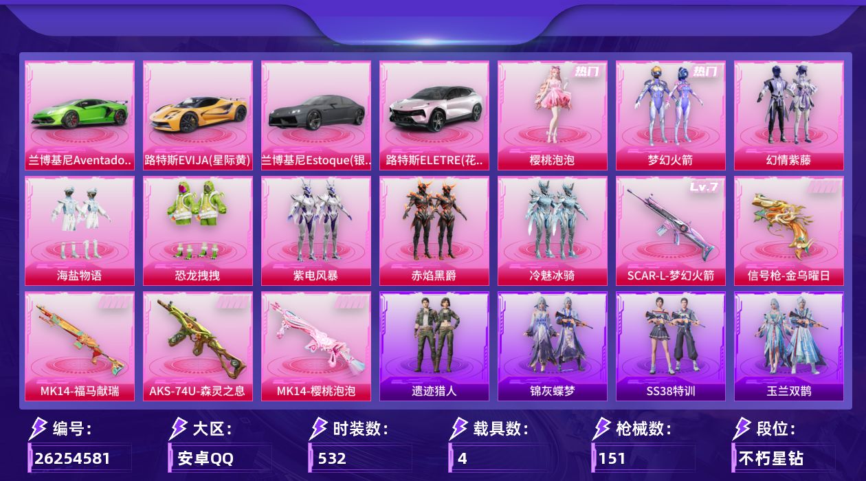 和平精英账号安卓QQ4载具-135套装-151枪皮--4载具8粉装5特效枪4热门135套装151枪皮 59686热力值 