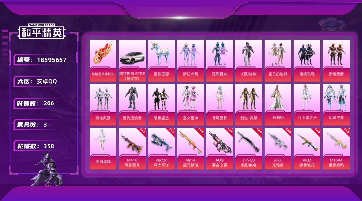 和平精英账号安卓QQ[18595657]266套装/枪械17/装备513/载具3/战备264/王牌印记18/热力值123698/五级AKM-绿萝繁花/五级M16A4-垂柳戏鸭/五级SCAR-L-青春物语/七级M416-风