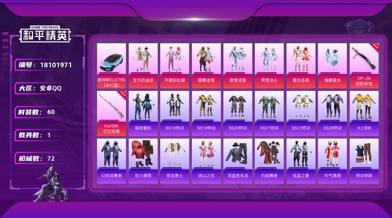 和平精英账号安卓QQ实名: 可修改 时装数: 60 载具数: 1 枪械数: 72 战备数: 71 热门装扮: 蝶舞迷情,