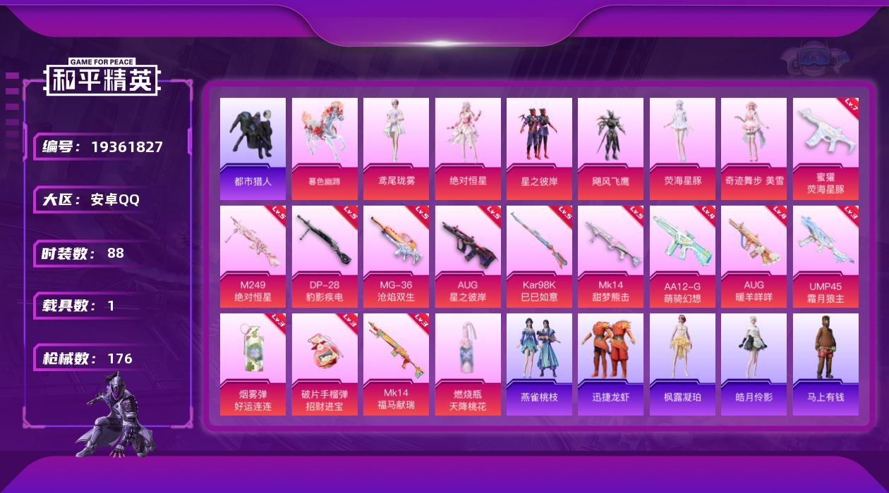 和平精英账号安卓QQ[19361827]安卓 手Q-6粉装-14特效枪-1载具-6粉色飞行器-52211热力值-1王牌印记-88套装-176枪皮
【热门品类】：套装-都市猎人
【粉色套装】：角色-绝对恒星，粉装-星之彼岸