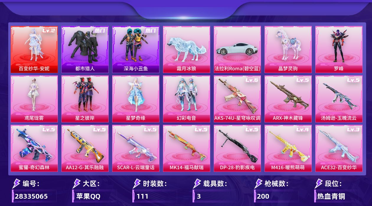 [28335065]苹果手Q-历史最高段位：传奇王牌15星-1神装-5粉装-11特效枪-3载具-4粉色飞行器-59749热力值-10王牌印记-111套装-200枪皮
【红色神装等级】：百变纱华-安妮(二级)
【红色角色神装】：百变纱华-安妮
【热门品类】：套装-浪漫天命，套装-都市猎人，套装-深海小丑鱼，套装-暗影哥特
【粉色套装】：粉装-星之彼岸，角色-星梦奇缘，粉装-幻彩电音，角色-鸢尾珑雾，角色-罗峰
【粉色枪皮等级】：SCAR-L-云端童话(五级)，M416-暖熊萌萌(四级)，AUG-星梦奇缘(三级)，蜜獾-奇幻森林(五级)，ACE32-百变纱华(三级)，ARX-神木藏锋(五级)，汤姆逊-玉魄流云(五级)，AKS-74U-星穹咏叹调(六级)，Mk14-福马献瑞(五级)，AA12-G-其乐融融(五级)，DP-28-豹影疾电(五级)
【粉色载具】：法拉利Roma（碧空蓝），晶梦灵驹，霜月冰狼
【粉色枪皮】：SCAR-L-云端童话，M416-暖熊萌萌，AUG-星梦奇缘，蜜獾-奇幻森林，ACE32-百变纱华，ARX-神木藏锋，汤姆逊-玉魄流云，AKS-74U-星穹咏叹调，Mk14-福马献瑞，AA12-G-其乐融融，DP-28-豹影疾电
【粉色飞行器】：炫彩糖果飞行器，齐天大圣飞行器，纱华羽翼飞行器，剑影随行飞行器
【粉色降落伞】：绝对恒星降落伞，满月旋律降落伞，灰烬之翎降落伞，破风疾驰降落伞，星之彼岸降落伞，星梦奇缘降落伞，晶梦幻蝶降落伞，星穹咏叹调降落伞，喜羊羊与灰太狼降落伞，魔童闹海 哪吒降落伞，炫彩糖果降落伞，霜月狼主降落伞，鸢尾珑雾降落伞，诸神·破晓降落伞，六号石头人降落伞，百变纱华降落伞，夜鸢箴言降落伞，剑灵降落伞，陈平安降落伞
【稀有套装】：套装-雪国风尚，套装-炫彩糖果，角色-罗莉，套装-马上来财，套装-迅捷龙虾，套装-遗迹猎人，套装-银辉夜曲，套装-流萤和鸣，套装-绝刃双刀，套装-荒原烈焰，套装-云水剑心，套装-破界重生，套装-疾风竞速，套装-晶辉守护，套装-紫幽梦，套装-蓝冰羽，套装-星影赞美诗，套装-星渊小夜曲，套装-云朵鹅，套装-雪绒豹，套装-朱霞炽焰，套装-凌霄紫焰，角色-紫俏灵猫，套装-书海巡游，套装-画境星梦，套装-琴音绮想，套装-雨过天青，套装-红釉青花，角色-枫露凝珀，套装-锦灰蝶梦，套装-燕雀桃枝，套装-玉兰双鹊，角色-苍鸢海境，套装-樱桃速写，角色