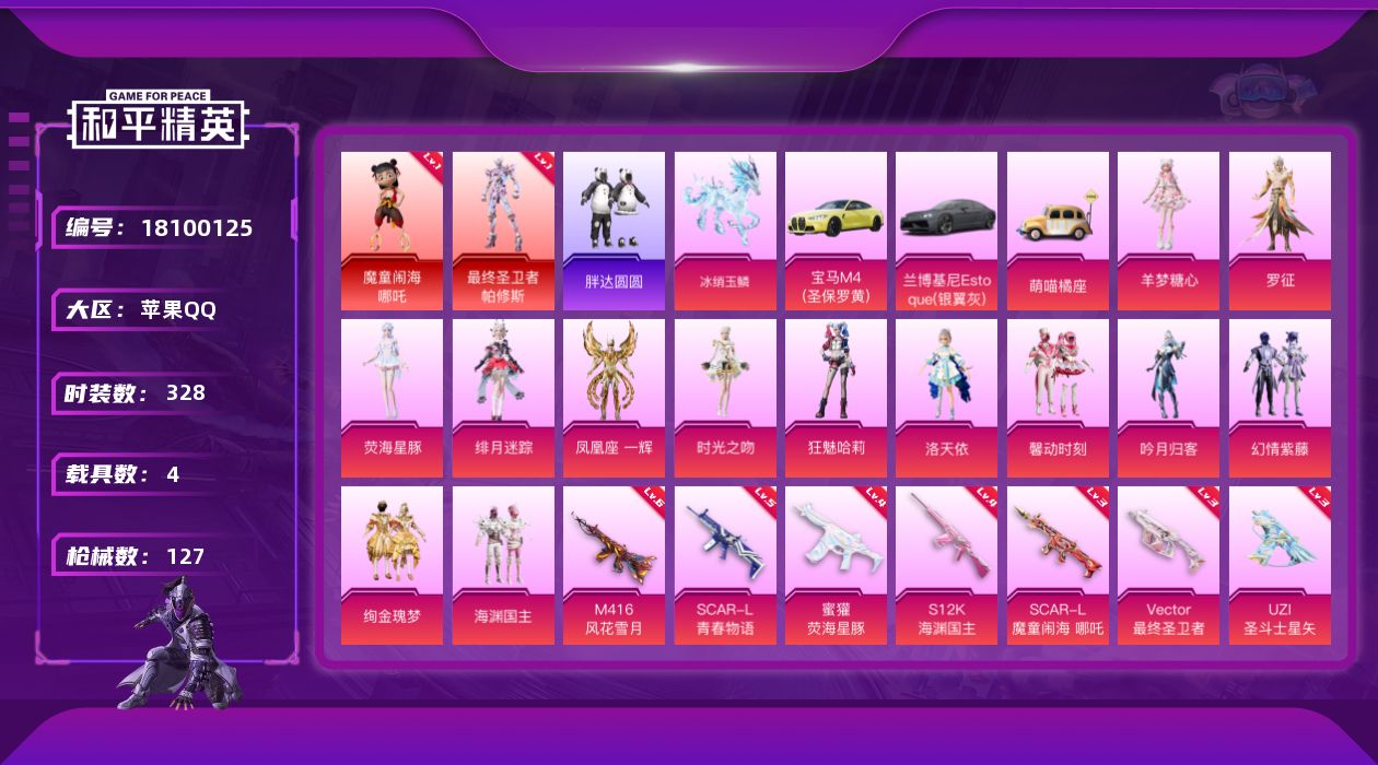 和平精英账号苹果QQ4载具-88套装-127枪皮-2红装4载具13粉装12特效枪13热门88套装127枪皮 56615热