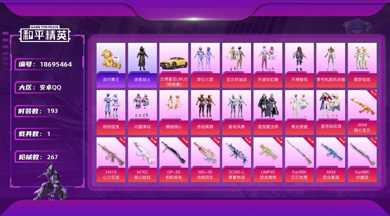 和平精英账号安卓QQ[18695464]安卓 手Q-14粉装-14特效枪-1载具-5粉色飞行器-87478热力值-16王牌印记-193套装-267枪皮
【热门品类】：粉装-梦幻火箭，套装-派对舞王，套装-暗夜行者，套装-