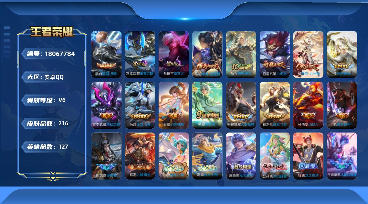 王者荣耀账号安卓QQ127英雄-216皮肤--V6-1典藏13传说 2星传说 幽冥火 幽冥之眼【全皮英雄】 影全皮 【典