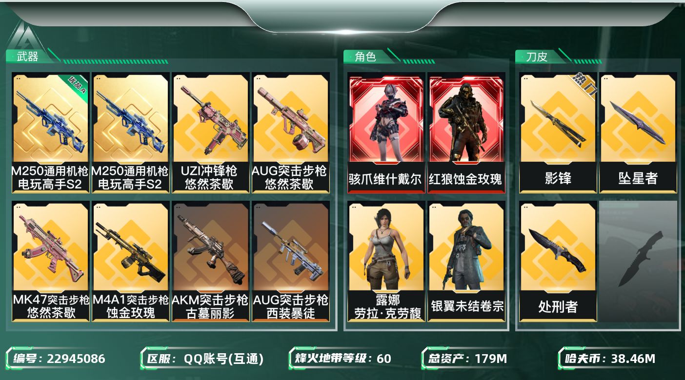 三角洲行动账号QQ【SJZEHC1599】EHC10181 2红皮，5金皮，2刀皮，维什戴尔，蚀金玫瑰，影锋，坠星
1
