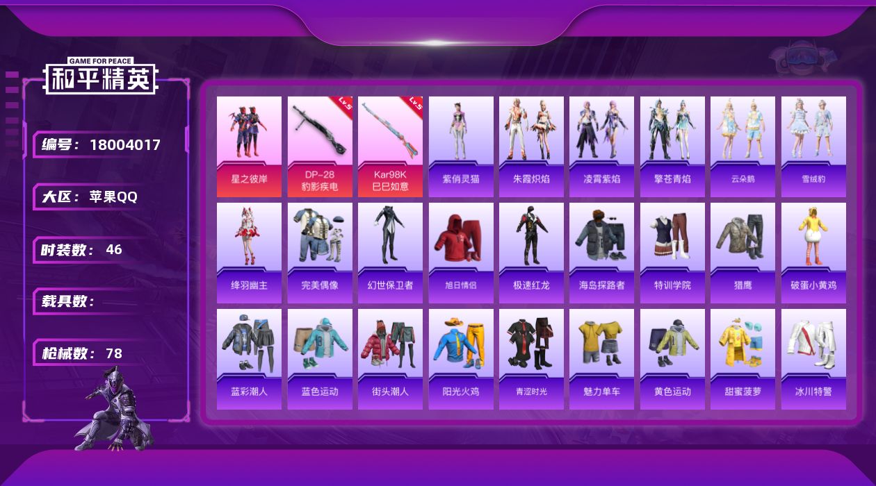 和平精英账号苹果QQ[18004017]绝世印记1 【特价出售/店主推荐】苹果 手Q-1粉装-4特效枪-1粉色飞行器-19365热力值-5王牌印记-46套装-78枪皮【粉色套装】：粉装-星之彼岸【粉色枪皮等级】：ACE3