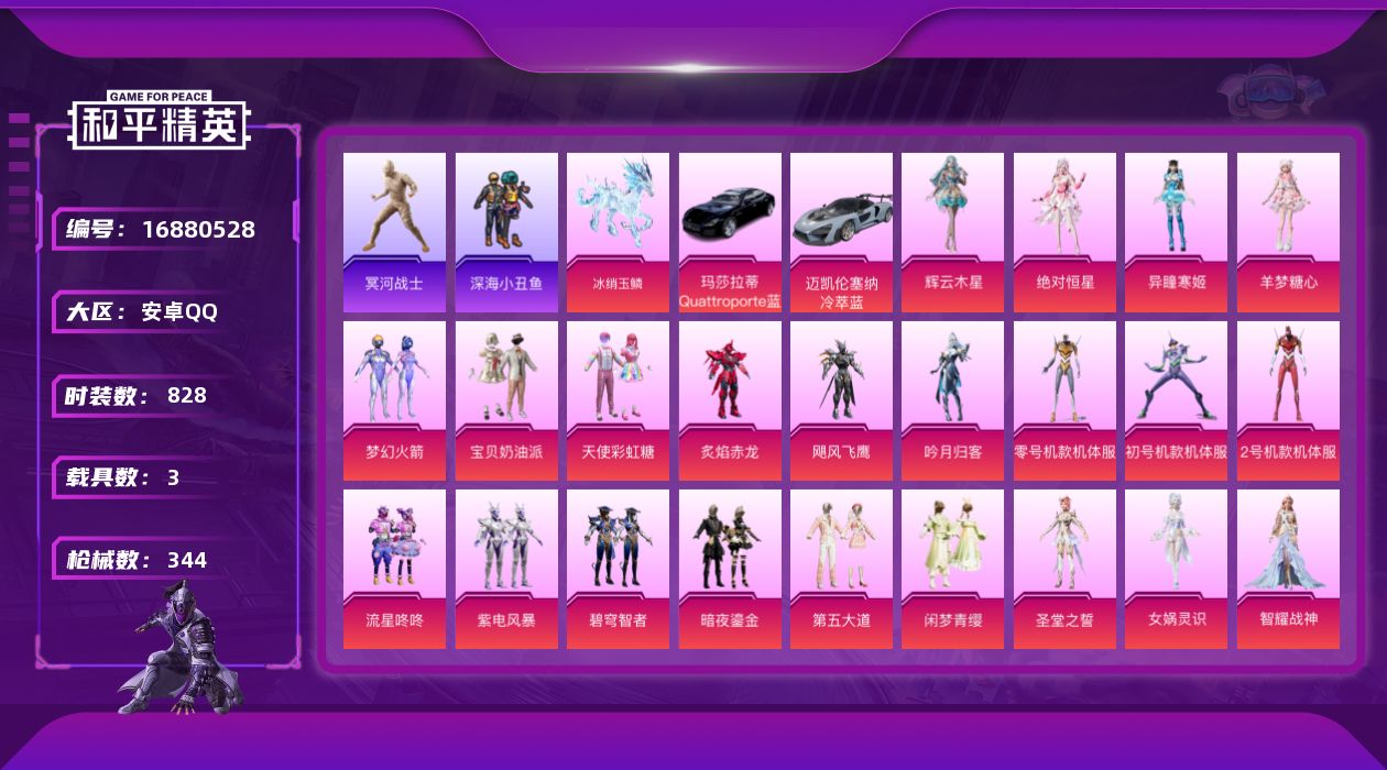 和平精英账号安卓QQ[16880528]【精品号手慢无】可换绑 85级收藏家  时装828  枪械344  载具3  战
