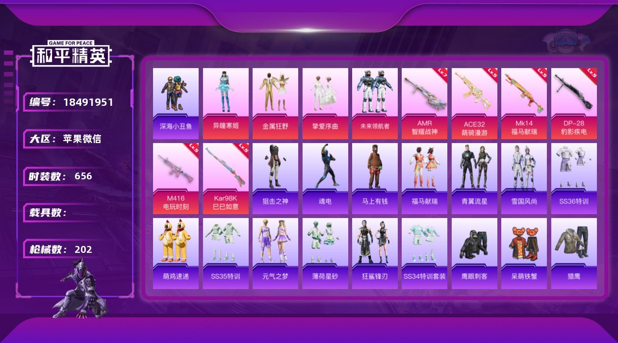 和平精英账号苹果微信4粉装 6特效枪 14印记 可二次 可修改实名 
【热门装扮】未来领航者,异瞳寒姬,金属狂野,挚爱序