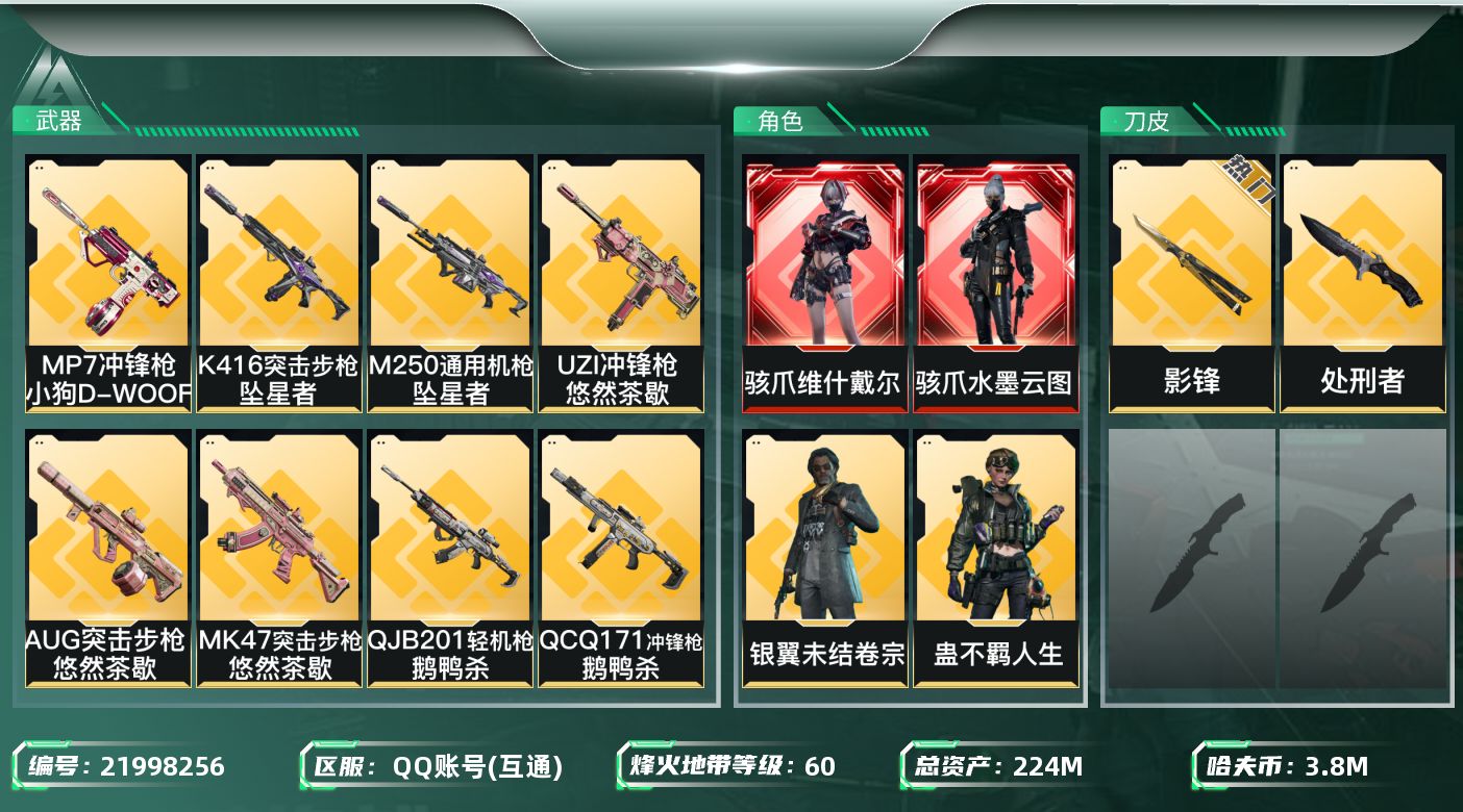 三角洲行动账号QQ【SJZDHC3400】DHC90295  1刀皮影锋/2红皮水墨云图维什戴尔/5金皮  224m总