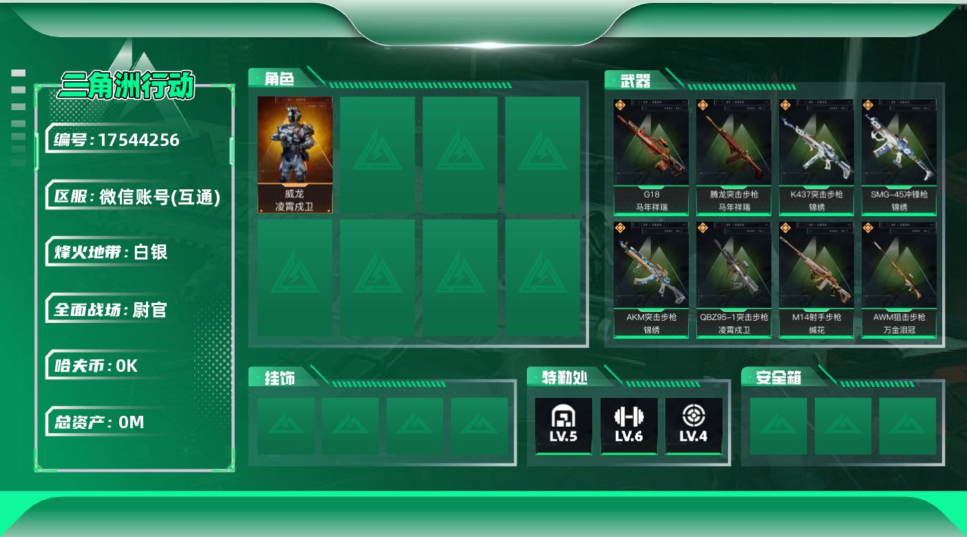 三角洲行动账号VX[]总资产:31.5M 1干员外观  12传说枪械 哈夫币:5.904K 可二次  高级安全箱（3×