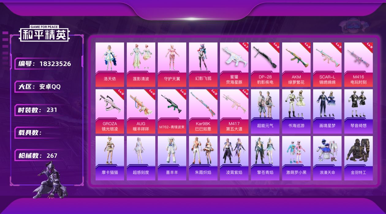和平精英账号安卓QQ[18323526]安卓 手Q-6粉装-13特效枪-0载具-1粉色飞行器-84428热力值-15王牌印记-231套装-267枪皮
【热门品类】：套装-浪漫天命，套装-金羽特工，套装-龟仙人，套装-暗影