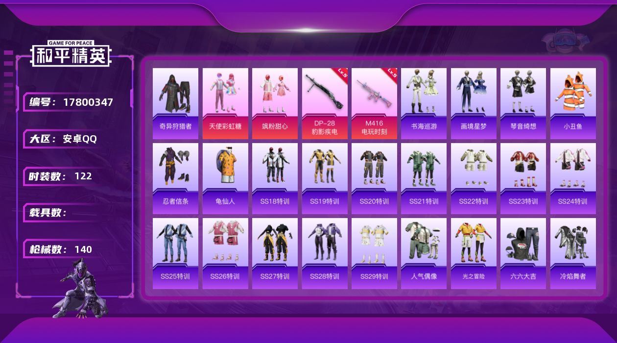 和平精英账号安卓QQ[17800347]安卓 手Q-2粉装-10特效枪-0载具-0粉色飞行器-38832热力值-5王牌印记-122套装-140枪皮
【热门品类】：套装-小丑鱼，套装-奇异狩猎者，套装-忍者信条，套装-龟仙