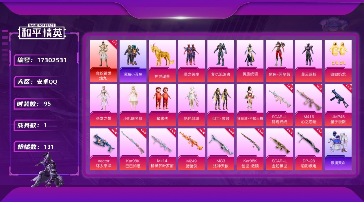 和平精英账号安卓QQ[17302531]安卓 手Q-1神装-12粉装-11特效枪-1载具-8粉色飞行器-49439热力值-4王牌印记-95套装-131枪皮
【红色神装等级】：金蛇镇世-烛九(一级)
【红色角色神装】：金蛇