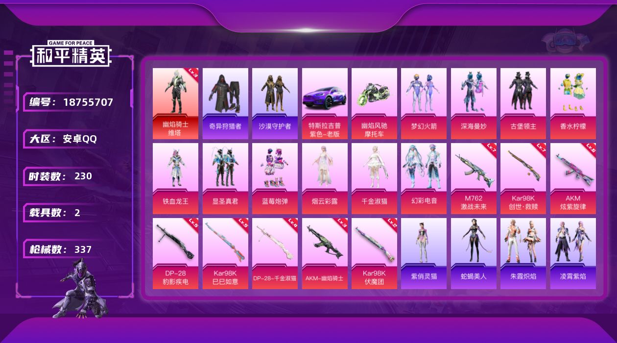 和平精英账号安卓QQ[18755707]230套装/枪械8/装备458/载具2/战备241/王牌印记21/热力值115732/六级AKM-炫紫旋律/三级AKM-幽焰骑士/七级M762-激战未来/二级Kar98K-伏魔团/