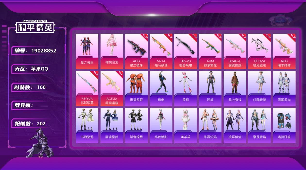 和平精英账号苹果QQ[19028852]苹果 手Q-2粉装-9特效枪-0载具-3粉色飞行器-59164热力值-8王牌印记-160套装-202枪皮
【粉色套装】：粉装-星之彼岸，角色-樱桃泡泡
【粉色枪皮等级】：AKM-绿