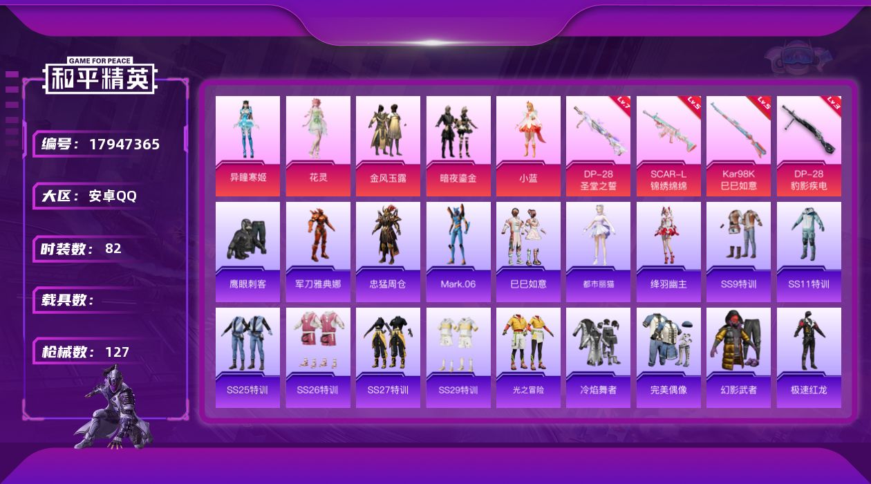 和平精英账号安卓QQ[17947365]安卓 手Q-5粉装-4特效枪-0载具-4粉色飞行器-36823热力值-5王牌印记-82套装-127枪皮
【热门品类】：角色-军刀雅典娜，角色-忠猛周仓，角色-Mark.06，大砍刀