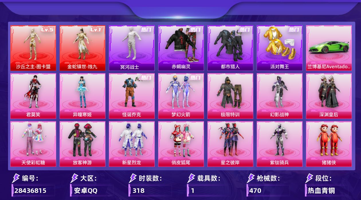 [28436815]安卓手Q-历史最高段位：超级王牌15星-2神装-17粉装-28特效枪-1载具-16粉色飞行器-157169热力值-14王牌印记-318套装-470枪皮
【红色神装等级】：金蛇镇世-烛九(一级)，沙丘之主-图卡盟(五级)
【红色角色神装】：金蛇镇世-烛九，沙丘之主-图卡盟
【热门品类】：粉装-怪诞乔克，粉装-梦幻火箭，套装-浪漫天命，套装-赤蝎幽灵，套装-都市猎人，套装-冥河战士，套装-派对舞王，套装-小丑鱼，套装-金羽特工，套装-忍者信条，套装-龟仙人，套装-潮萌小黄鸭，套装-浪漫波比，角色-Mark.06
【粉色套装】：粉装-极限特训，粉装-幻影战神，粉装-怪诞乔克，粉装-深渊皇后，粉装-天使彩虹糖，粉装-梦幻火箭，粉装-放客神游，粉装-新星烈龙，粉装-俏皮狐尾，粉装-星之彼岸，角色-紫钛骑兵，玩偶服-猪猪侠，套装-创世·救赎，角色-樱桃泡泡，粉装-星穹咏叹调，角色-异瞳寒姬，角色-君莫笑
【粉色枪皮等级】：AKM-绿萝繁花(五级)，AKM-幽焰骑士(三级)，SCAR-L-纯梦嫁纱(五级)，SCAR-L-锦绣绵绵(五级)，SCAR-L-金蛇镇世(三级)，SCAR-L-云端童话(五级)，M416-风花雪月(五级)，M416-墨龙九天(三级)，M416-天马神君(三级)，AUG-圣斗士星矢(五级)，AC-VAL-君莫笑(四级)，ARX-神木藏锋(五级)，UMP45-萌骑冒险(三级)，汤姆逊-玉魄流云(一级)，AKS-74U-星穹咏叹调(四级)，AKS-74U-琉璃赤心(一级)，Kar98K-巳巳如意(五级)，Kar98K-圣域龙灵(三级)，M24-镜域双华(三级)，Mk14-精灵梦叶罗丽(五级)，Mk14-樱桃泡泡(一级)，Mk14-福马献瑞(五级)，M200-梦海之灵(三级)，AA12-G-其乐融融(五级)，DP-28-豹影疾电(五级)，信号枪-金乌曜日(三级)，破片手榴弹-瓶中星球(七级)
【粉色载具】：兰博基尼Aventador SVJ（翡翠绿）
【粉色枪皮】：AKM-绿萝繁花，AKM-幽焰骑士，SCAR-L-纯梦嫁纱，SCAR-L-锦绣绵绵，SCAR-L-金蛇镇世，SCAR-L-云端童话，M416-风花雪月，M416-墨龙九天，M416-天马神君，AUG-圣斗士星矢，AC-VAL-君莫笑，ARX-神木藏锋，UMP45-萌骑冒险，汤姆逊-玉魄流云，AKS-74