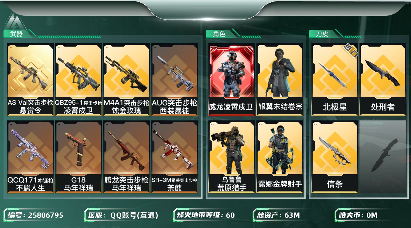 三角洲行动账号QQ[25806795]QQ不可二次实名，【烽火等级】：60，【总资产】：63M，【烽火段位】：铂金Ⅳ，