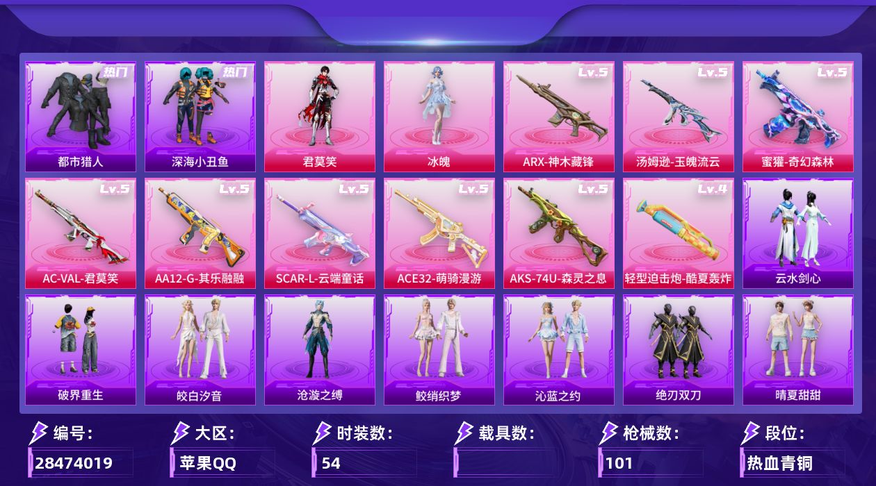 [28474019]苹果手Q-历史最高段位：卓越王牌19星-2粉装-9特效枪-1粉色飞行器-27672热力值-5王牌印记-54套装-101枪皮
【热门品类】：套装-都市猎人，套装-深海小丑鱼，套装-忍者信条
【粉色套装】：角色-冰魄，角色-君莫笑
【粉色枪皮等级】：轻型迫击炮-酷夏轰炸(四级)，SCAR-L-云端童话(五级)，AC-VAL-君莫笑(五级)，蜜獾-奇幻森林(五级)，ACE32-萌骑漫游(五级)，ARX-神木藏锋(五级)，汤姆逊-玉魄流云(五级)，AKS-74U-森灵之息(五级)，AA12-G-其乐融融(五级)
【粉色枪皮】：轻型迫击炮-酷夏轰炸，SCAR-L-云端童话，AC-VAL-君莫笑，蜜獾-奇幻森林，ACE32-萌骑漫游，ARX-神木藏锋，汤姆逊-玉魄流云，AKS-74U-森灵之息，AA12-G-其乐融融
【粉色飞行器】：惊雷剑影飞行器
【粉色降落伞】：满月旋律降落伞，灰烬之翎降落伞，幻影战神降落伞，繁龙极客降落伞，霓虹漫游降落伞，君莫笑降落伞，罗峰降落伞，陈平安降落伞
【稀有套装】：套装-迅捷龙虾，套装-遗迹猎人，套装-云宝联名款，套装-其乐融融，套装-恋语绒绒，套装-银辉夜曲，套装-晴夏甜甜，套装-绝刃双刀，套装-荒原烈焰，角色-沧漩之缚，套装-云水剑心，套装-破界重生，套装-画境星梦，套装-琴音绮想，套装-雨过天青，套装-红釉青花，套装-锦灰蝶梦，套装-燕雀桃枝，套装-玉兰双鹊，套装-樱桃速写，角色-沐雨橙风，角色-寒烟柔，套装-鲛绡织梦，套装-皎白汐音，套装-沁蓝之约
【稀有枪皮】：AKM-彩虹符号，AKM-影袭，AKM-龙的传人，M416-糯团青竹，GROZA-影袭，AUG-甜蜜菠萝，AUG-耀粉歌者，M762-天降萌叽，蜜獾-天降萌叽，ACE32-画境星梦，UZI-幻影战神，UZI-影袭，Vector-彩虹符号，汤姆逊-奇异狩猎者，汤姆逊-幻影战神，汤姆逊-像素花束，MP5K-画境星梦，MP7-G-锦灰蝶梦，P90-霜月狼主，P90-灰烬之翎，Kar98K-影袭，M24-影袭，SKS-迅猛狂鲨，M417-锦灰蝶梦，M200-六号稻草人，M1加兰德-画境星梦，S1897-锦灰蝶梦，S12K-玩趣呆呆，S12K-幻影战神，AA12-G-画境星梦，M338-锦灰蝶梦，爆炸猎弓-灰烬之翎，大砍刀-霜月狼主，平底锅-锦灰蝶梦，平底锅-画境星梦
【其他套装】：套装