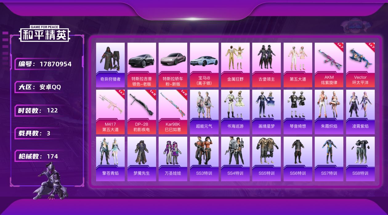 和平精英账号安卓QQ[17870954]安卓 手Q-3粉装-8特效枪-3载具-1粉色飞行器-56861热力值-15王牌印记-122套装-174枪皮
【热门品类】：套装-奇异狩猎者
【粉色套装】：粉装-金属狂野，粉装-古堡