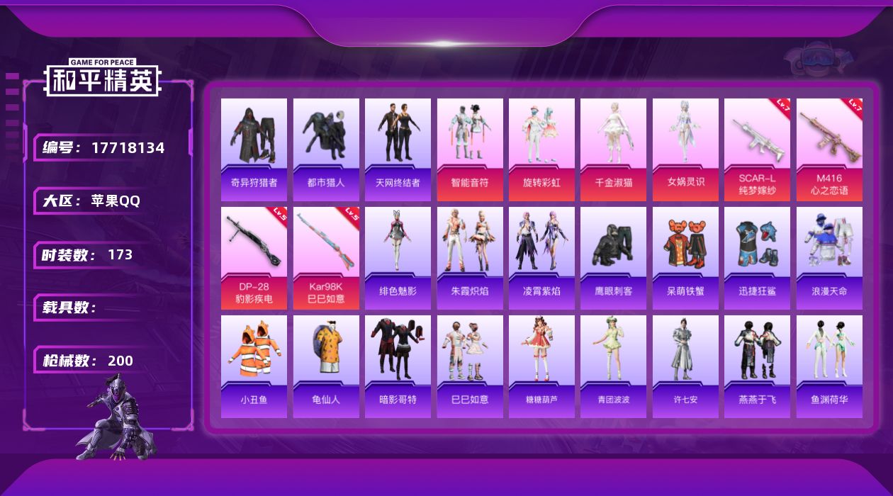 和平精英账号苹果QQ[17718134]苹果 手Q-4粉装-6特效枪-0载具-2粉色飞行器-59079热力值-12王牌印记-173套装-200枪皮
【热门品类】：套装-浪漫天命，套装-都市猎人，套装-小丑鱼，套装-奇异狩