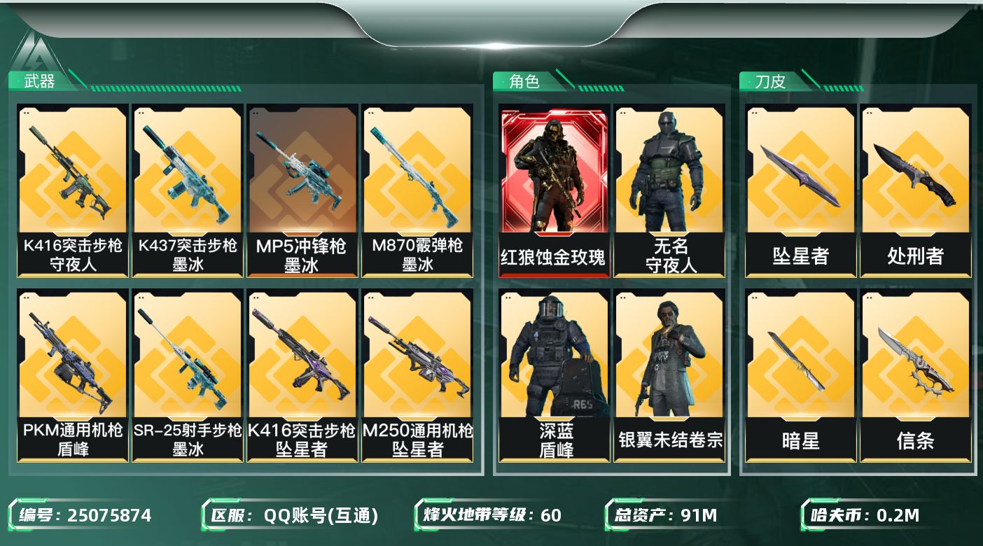 三角洲行动账号QQ【kysjz1178】91m总资产-207k哈夫币-60烽火等级-钻石-37战场等级-上等兵
【干员