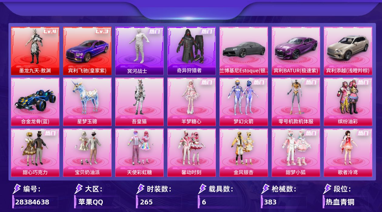 [28384638]苹果手Q-历史最高段位：无敌战神-1神装-31粉装-20特效枪-6载具-9粉色飞行器-149089热力值-23王牌印记-265套装-383枪皮
【红色载具等级】：宾利飞驰（皇家紫）(三级)
【红色神装等级】：墨龙九天-敖渊(四级)
【红色角色神装】：墨龙九天-敖渊
【热门品类】：粉装-梦幻火箭，粉装-零号机款机体服，粉装-缤纷油彩，套装-冥河战士，套装-奇异狩猎者，套装-龟仙人，套装-暗影哥特，套装-粉红小猪，角色-8号机，角色-Mark.06
【粉色套装】：粉装-甜心巧克力，粉装-宝贝奶油派，粉装-天使彩虹糖，粉装-梦幻火箭，粉装-缤纷油彩，粉装-馨动时刻，角色-零号机款机体服，粉装-金风银杏，粉装-甜梦小狐，角色-歌者泠鸢，粉装-海螺星光，粉装-第五大道，粉装-心之回忆，粉装-炫光之旅，角色-白兰星，角色-蔷薇星，粉装-勇猛狮王，粉装-双面双生，粉装-室女星神，角色-烟云彩露，角色-严莉莉，角色-小蓝，角色-美雪，角色-美琪，角色-脉冲星，角色-萨利娅，角色-狂魅哈莉，角色-羊梦糖心，角色-吾皇猫，人物-洛天依·花嫁，人物-洛天依·星霓
【粉色枪皮等级】：李-恩菲尔德-破风疾驰(一级)，Vector-流风之羽(四级)，AKM-绿萝繁花(五级)，SCAR-L-锦绣绵绵(五级)，M416-至情至圣(九级)，M416-墨龙九天(三级)，GROZA-镜光银凌(五级)，ARX-神木藏锋(五级)，汤姆逊-玉魄流云(四级)，AKS-74U-琉璃赤心(五级)，Kar98K-巳巳如意(五级)，M24-翩跹演武(七级)，Mk14-精灵梦叶罗丽(五级)，Mk14-福马献瑞(五级)，AA12-G-其乐融融(五级)，DP-28-暗夜鎏金(七级)，DP-28-豹影疾电(五级)，MG3-洛神天依(七级)，MG-36-沧焰双生(五级)
【粉色载具】：宾利飞驰（皇家紫），兰博基尼Estoque（银翼灰），宾利BATUR（极速紫），宾利添越（浅瞪羚棕），合金龙骨（蓝），星梦玉骢
【粉色枪皮】：Vector-流风之羽，李-恩菲尔德-破风疾驰，AKM-绿萝繁花，SCAR-L-锦绣绵绵，M416-至情至圣，M416-墨龙九天，GROZA-镜光银凌，ARX-神木藏锋，汤姆逊-玉魄流云，AKS-74U-琉璃赤心，Kar98K-巳巳如意，M24-翩跹演武，Mk14-精灵梦叶罗丽，Mk14-福马献瑞，AA12