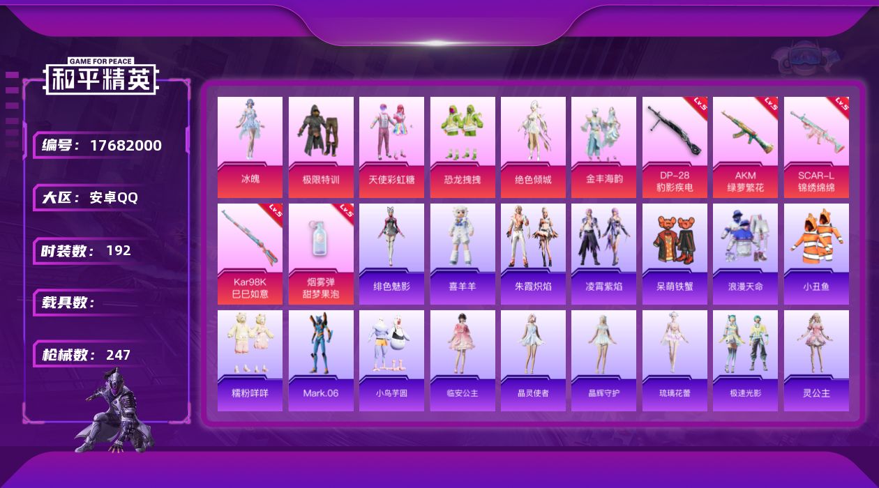和平精英账号安卓QQ[17682000]安卓 手Q-6粉装-5特效枪-0载具-6粉色飞行器-74782热力值-16王牌印记-192套装-247枪皮
【热门品类】：套装-浪漫天命，套装-小丑鱼，套装-糯粉咩咩，角色-Mar