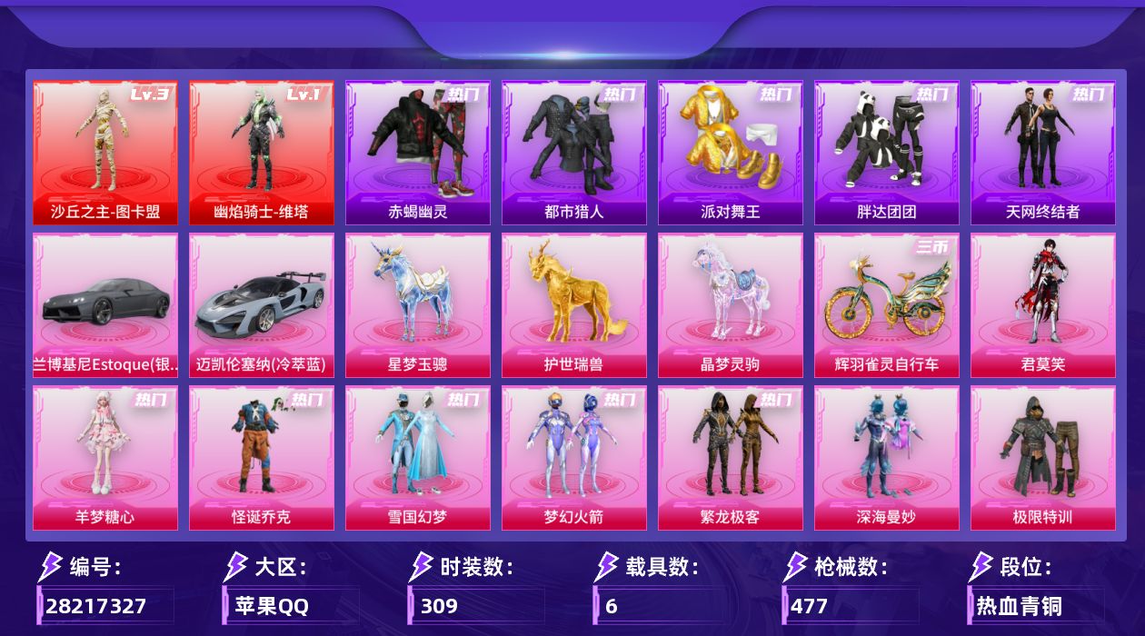 [28217327]A3885苹果手Q-历史最高段位：无敌战神-2神装-28粉装-30特效枪-6载具-20粉色飞行器-172099热力值-23王牌印记-309套装-477枪皮
【红色神装等级】：幽焰骑士-维塔(一级)，沙丘之主-图卡盟(三级)
【红色角色神装】：幽焰骑士-维塔，沙丘之主-图卡盟
【热门品类】：粉装-怪诞乔克，粉装-雪国幻梦，粉装-梦幻火箭，粉装-繁龙极客，套装-浪漫天命，套装-赤蝎幽灵，套装-都市猎人，套装-派对舞王，套装-小丑鱼，角色-军刀雅典娜，套装-胖达团团，套装-天网终结者，套装-忍者信条，套装-暗夜之虎，套装-龟仙人，角色-8号机，角色-Mark.06，角色-六号稻草人，套装-红熊茄茄
【粉色套装】：粉装-深海曼妙，粉装-极限特训，粉装-怪诞乔克，粉装-甜心巧克力，粉装-宝贝奶油派，粉装-天使彩虹糖，粉装-雪国幻梦，粉装-梦幻火箭，粉装-星之信仰，粉装-金属狂野，粉装-放客神游，粉装-花间之火，粉装-绚金战神，粉装-冰霜白皇，粉装-炙焰红王，粉装-铁血龙王，粉装-恐龙拽拽，角色-复仇流浪者，粉装-第五大道，角色-猩猩队长，粉装-繁龙极客，套装-创世·救赎，角色-千金淑猫，粉装-桃粉嫣然，粉装-星穹咏叹调，粉装-湮灭星辰，角色-羊梦糖心，角色-君莫笑
【粉色枪皮等级】：AKM-甜心宝贝(七级)，AKM-梦之光华(一级)，SCAR-L-纯梦嫁纱(七级)，M416-风花雪月(一级)，M416-至情至圣(九级)，M416-墨龙九天(三级)，GROZA-精灵之光(三级)，AUG-星梦奇缘(九级)，M762-激战未来(四级)，蜜獾-奇幻森林(五级)，ACE32-萌骑漫游(四级)，UMP45-量子极限(五级)，Vector-环太平洋(五级)，汤姆逊-星月云朵(二级MK12-雪月幻音)，汤姆逊-玉魄流云(一级)，AKS-74U-信仰神谕(五级)，P90-诸神·破晓(五级)，Kar98K-巳巳如意(五级)，M24-镜域双华(三级)，Mk14-甜梦熊击(五级)，Mk14-福马献瑞(五级)，AMR-鸢尾晶梦(四级)，AA12-G-其乐融融(四级)，DP-28-豹影疾电(五级)，MG3-酷泡奶龙(四级)，MG3-辉羽雀灵(三级)，MG-36-幻彩电音(三级)，烟雾弹-丁香清露(五级)，破片手榴弹-热量炸弹(七级)，破片手榴弹-瓶中星球(一级)
【粉色载具】：兰博基尼Estoque（