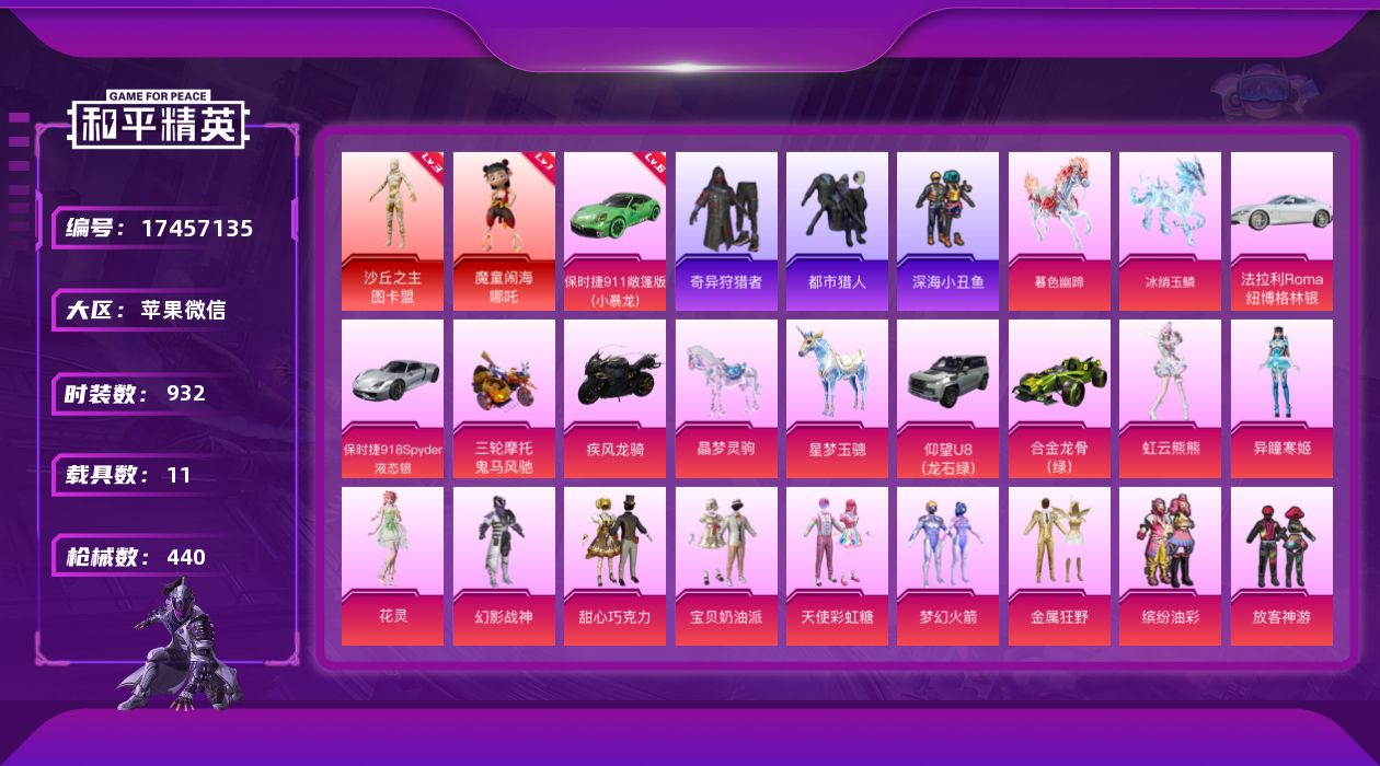 和平精英账号苹果微信[17457135]2红装 46粉装 32特效枪 11载具 19印记 可二次 可修改实名 
【三级神