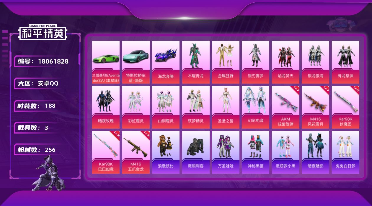 和平精英账号安卓QQ[18061828]【特价出售/店主推荐】安卓 手Q-12粉装-7特效枪-3载具-4粉色飞行器-87452热力值-15王牌印记-188套装-256枪皮
【热门品类】：套装-龟仙人，套装-浪漫波比
【粉