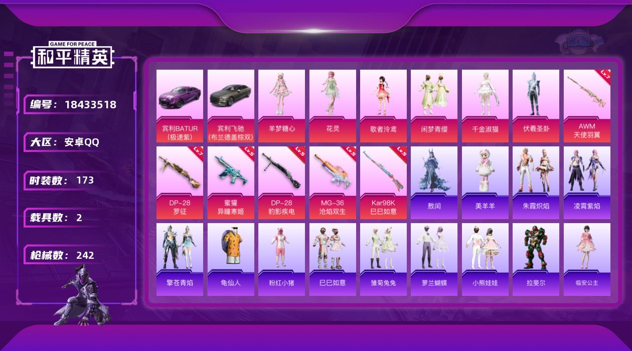 和平精英账号安卓QQ[18433518]安卓 手Q-7粉装-7特效枪-2载具-3粉色飞行器-73823热力值-7王牌印记-173套装-242枪皮
【热门品类】：套装-龟仙人，套装-粉红小猪
【粉色套装】：角色-歌者泠鸢，