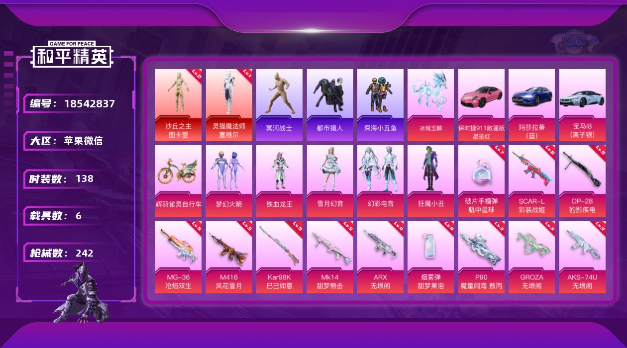 和平精英账号苹果微信[18542837]"DAS11080 可二次  苹果V-2红装3稀有6载具5粉装19特效枪16热门138套装242枪皮 84107热力值 14印记 历史传奇王牌21星 灵猫魔法师-塞维尔 (1级) 