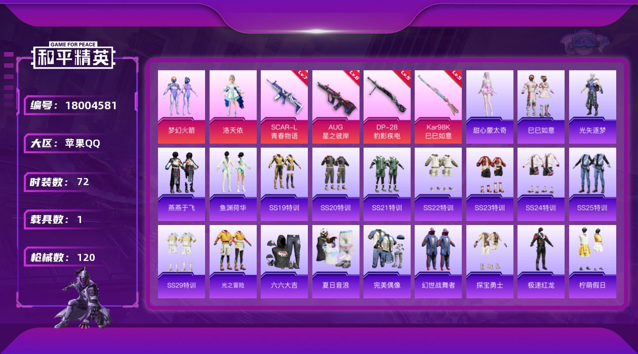 和平精英账号苹果QQ[18004581]【店主推荐捡漏号！可直接换绑】苹果 手Q-2粉装-7特效枪-1载具-3粉色飞行器-35720热力值-10王牌印记-72套装-120枪皮
【热门品类】：粉装-梦幻火箭
【粉色套装】：