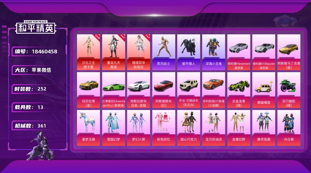 和平精英账号苹果微信[18460458]【特价出售/店主推荐】
苹果 微信-无敌战神框-3神装-32粉装-30特效枪-14载具-13粉色飞行器-168128热力值-22王牌印记-252套装-361枪皮
【红色神装等级】：