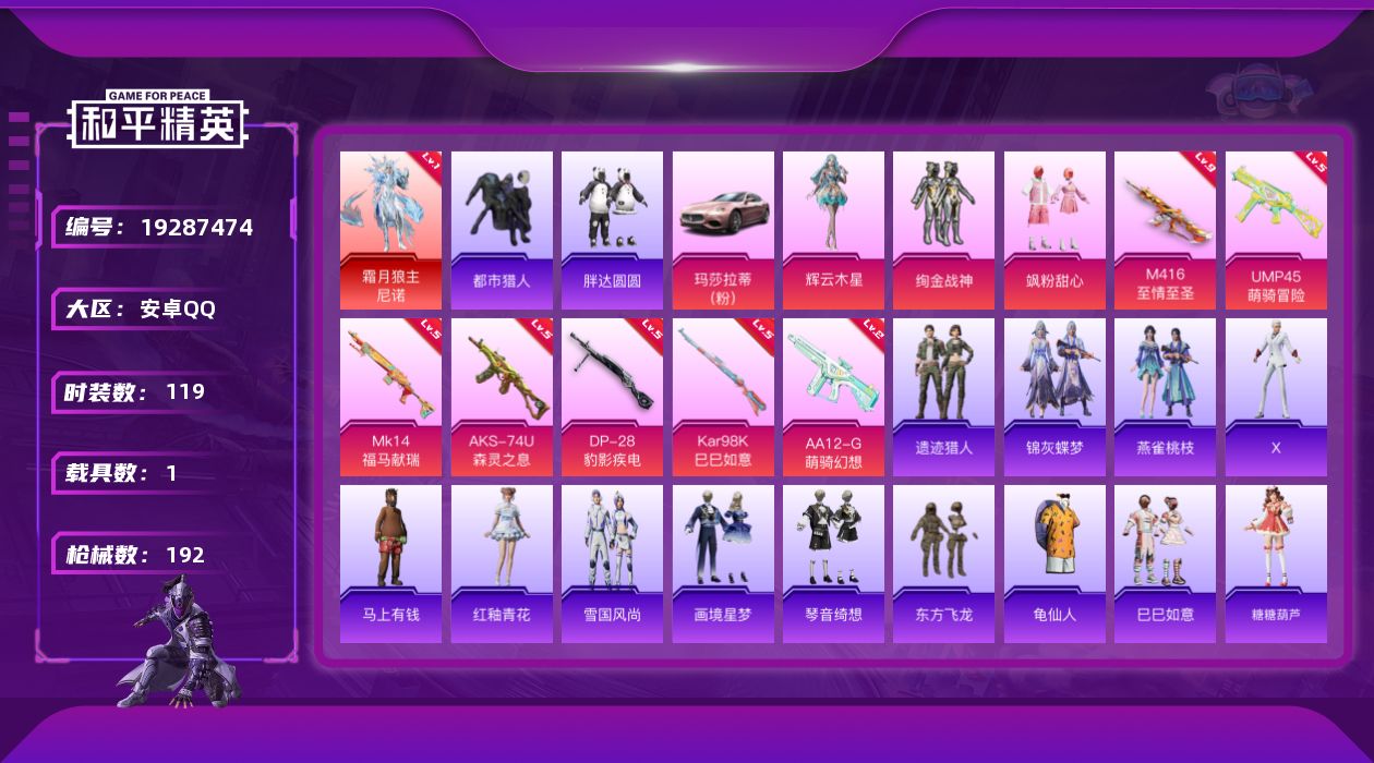 和平精英账号安卓QQ[19287474]119套装/枪械7/装备196/载具1/战备116/王牌印记10/热力值51719/九级M416-至情至圣/五级UMP45-萌骑冒险/五级AKS-74U-森灵之息/五级Kar98K