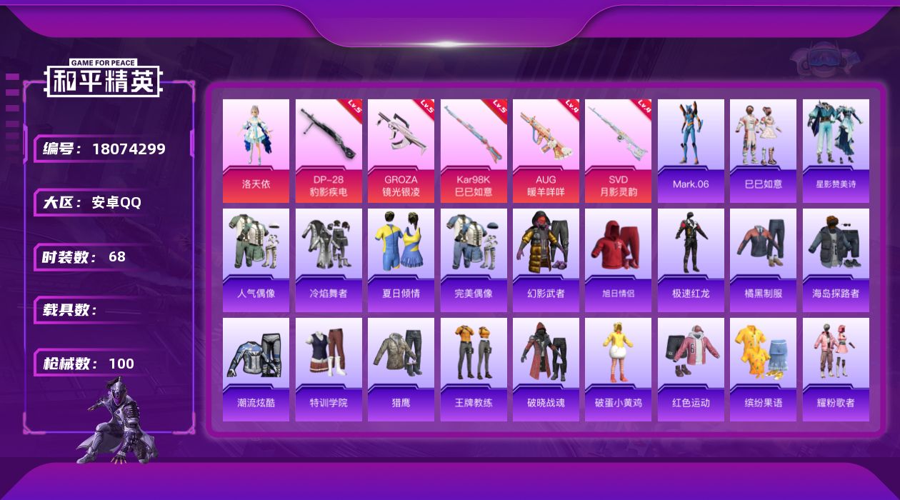 和平精英账号安卓QQ[18074299]安卓 手Q-1粉装-8特效枪-0载具-1粉色飞行器-24551热力值-3王牌印记-68套装-100枪皮
【热门品类】：角色-Mark.06
【粉色套装】：角色-洛天依
【粉色枪皮等