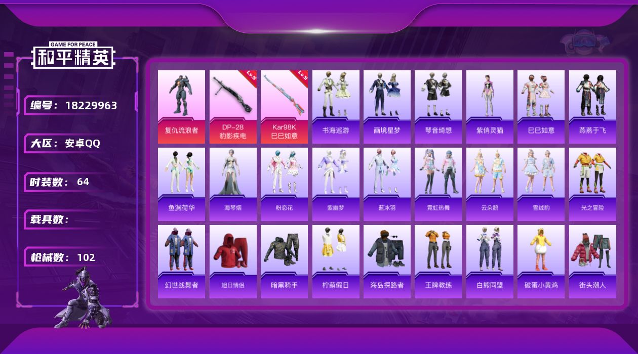 和平精英账号安卓QQ[18229963]【店主推荐捡漏号】安卓 手Q-1粉装-4特效枪-0载具-1粉色飞行器-25981热力值-2王牌印记-64套装-102枪皮【粉色套装】：角色-复仇流浪者【粉色枪皮等级】：UMP45-