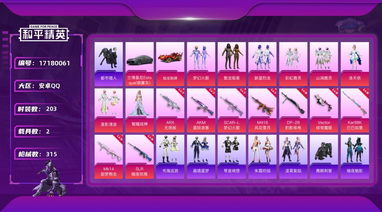 和平精英账号安卓QQ[17180061]"DAS9351包人脸 安卓Q-2稀有3载具8粉装13特效枪25热门203套装315枪皮 98628热力值 19印记 历史传奇王牌12星   梦幻火箭 洛天依   巡查衣 都市猎人