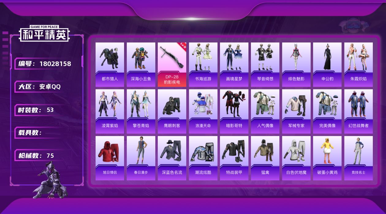 和平精英账号安卓QQ[18028158]苏尔南·暗潮手枪【特价出售/店主推荐】安卓 手Q-0粉装-4特效枪-0载具-1粉色飞行器-20117热力值-1王牌印记-53套装-75枪皮
【热门品类】：套装-浪漫天命，套装-都市